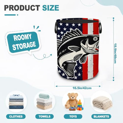 Patriotic Bass Fish Collapsible Laundry Hamper,American Flag Waterproof Oxford Cloth Clothes Basket with Handles for Bathroom Bedroom Nursery Dorm Room,16" x 20" - color: Patriotic Bass Fish,American Flag