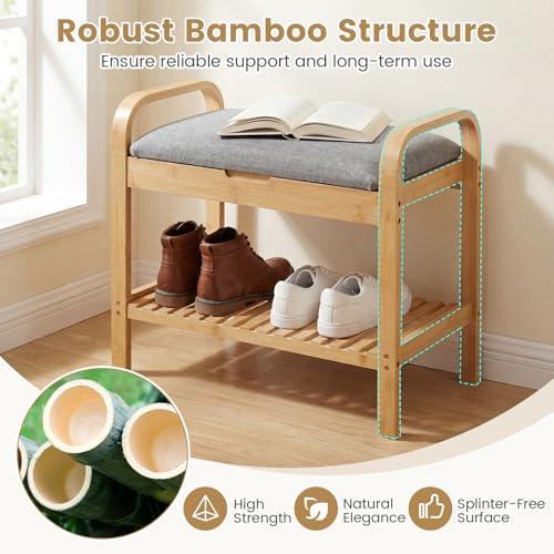 GOFLAME Bamboo Shoe Bench with Storage, 2-Tier Entryway Bench with Flip-Top Storage and Padded Seat Cushion, Shoe Rack Organizer with Shelf for Hallway, Bedroom, Living Room - style: With Storage - Small Size