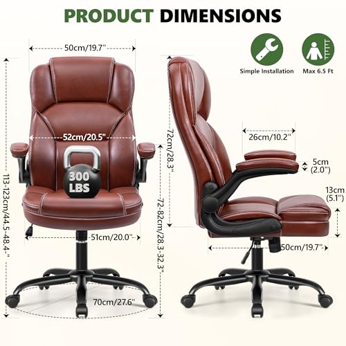 Leather Office Chair with Flip Up Arms, 360° Swivel Ergonomic Desk Chair with Wheels, Adjustable Height Computer Chair with Padded Seat for Home Office, Study,Gaming Room, Brown - color: Brown