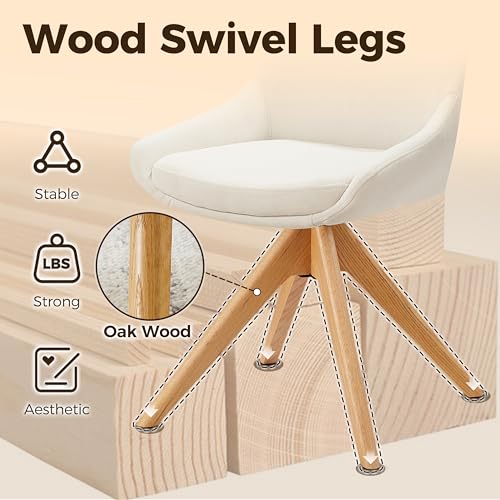 Swivel Desk Chair for Home Office, Oak Wood, Fabric, Off White | No Wheels Design, Solid Wood Legs, Mid Century Modern, Upholstered, 360° Swivel, Low Armrests, Living Room, Bedroom - color: Off White