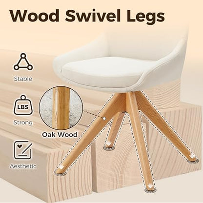 Swivel Desk Chair for Home Office, Oak Wood, Fabric, Off White | No Wheels Design, Solid Wood Legs, Mid Century Modern, Upholstered, 360° Swivel, Low Armrests, Living Room, Bedroom - color: Off White