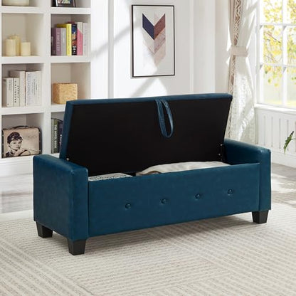 Storage Bench, 48‘’ Upholstered PU Leather Ottoman Bench with Button-Tufted, Folding Bedroom Bench with Wood Legs, Entryway Bench for Bedroom, Navy Blue - color: Navy Blue