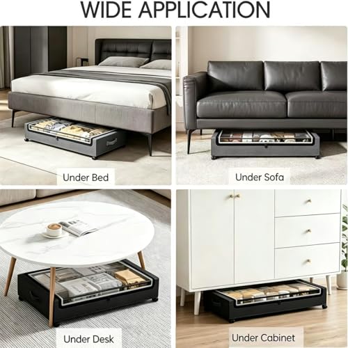 Under Bed Storage with Wheels, 2Pack 50L Organizer with Clear Lid & Label | Underbed Shoe Storage Organizer, Rolling Under Bed Metal Drawers for Clothes&Blankets, Large Capacity, Dust-proof, Foldable