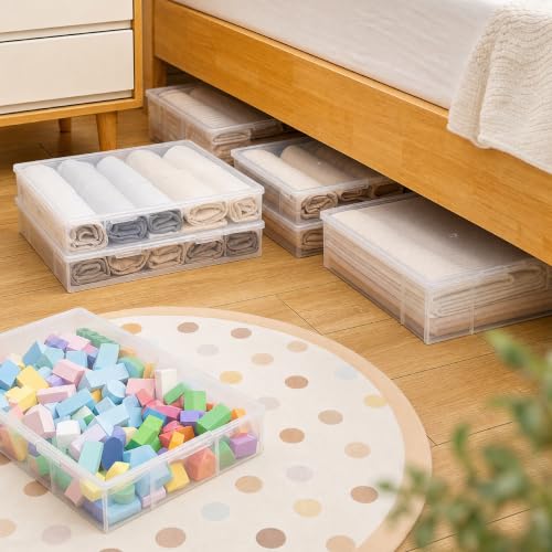 Clear Under Bed Storage Box with Lid, Low Profile Ultra Thin Plastic Storage Container, Stackable Flat Underbed Organizer for Clothes, Bedding, Toys, Shoes, 3 Sizes for Bedroom Dorm Apartment (Small)