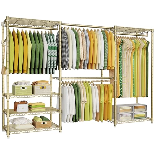 E1 Heavy Duty Closet Garment Rack, 6 Tiers Adjustable Clothing Storage | Metal Gold Freestanding Expandable Closets with 4 Hanger Rods, Easy-to-Assemble Wardrobe - color: Gold