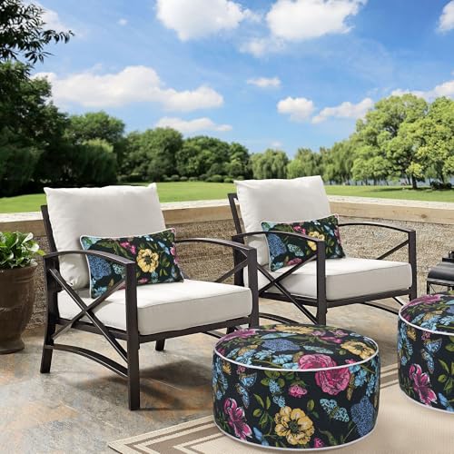 Outdoor/Indoor Inflatable Ottoman Pouf D20 xH9, All Weather Round Footstool with Handle, Water Repellent Portable Footrest for Patio Garden Camping Travel-Black Butterfly Flower - color: Black Butterfly Flower