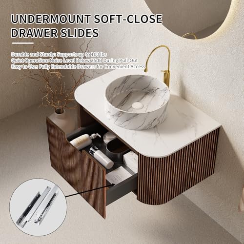 48” Floating Bathroom Vanity with Sink, Fluted Wall-Mounted Solid Wood Cabinet, White Marble-Pattern Ceramic Basin, Faux Marble Top, Soft-Close Drawer, Pre-Assembled, Walnut Woodgrain - color: 03 - Walnut Woodgrain, size: 48"