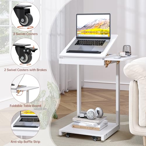 C Shaped End Table for Couch Rolling Side with Wheels White | Wood, Desk Tv Tables, with Folding Desktop, Lockable Wheel, with Hidden Storage, for Living Room, Bedroom - color: White
