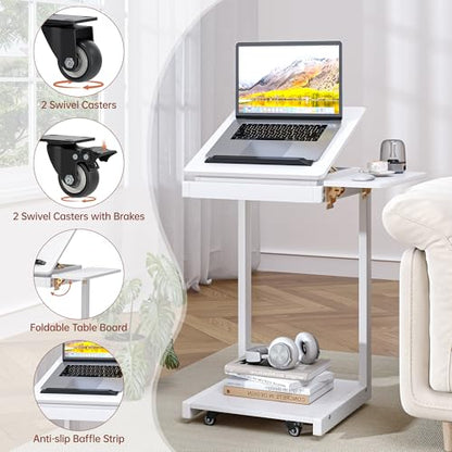C Shaped End Table for Couch Rolling Side with Wheels White | Wood, Desk Tv Tables, with Folding Desktop, Lockable Wheel, with Hidden Storage, for Living Room, Bedroom - color: White