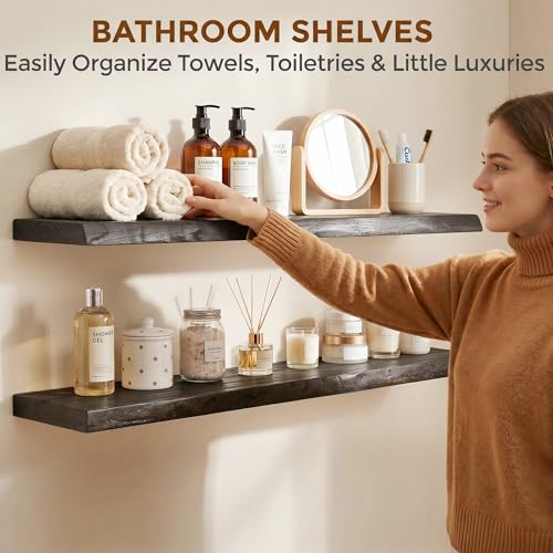 Dreamland 40 Inch Long Floating Shelves Set of 2, Rustic Solid Elm Wood Live Edge Floating Shelf Wall Mounted, 8 Inch Deep Wooden Wall Shelves for Living Room, Bedroom, Bathroom, Kitchen, Walnut - color: Walnut, size: Live Edge - 40"L