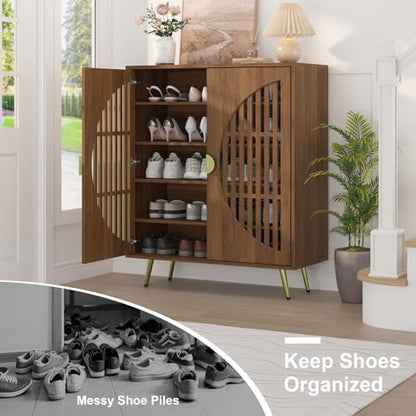 5-Tier Walnut Shoe Storage Cabinet with 2 Slatted Doors, Shoe Cupboard with Adjustable Shelves, Wooden Shoe Rack Organizer for Entryway, Hallway, Closet, Living Room - size: 13.78"D x 31.49"W x 32.67"H