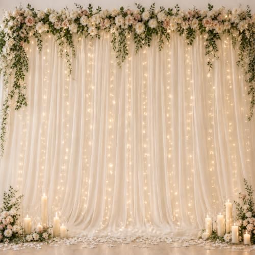 Ledido 10×8ft Beige Tulle Backdrop Curtains with Lights(8 Panels 5×8ft) - color: Beige, size: 40×8ft(8 Panels 5×8ft)