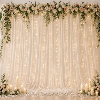 Ledido 10×8ft Beige Tulle Backdrop Curtains with Lights(8 Panels 5×8ft) - color: Beige, size: 40×8ft(8 Panels 5×8ft)