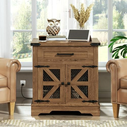 Walnut Farmhouse End Table with Charging Station, 24" Large Sofa Side Table with Drawer, Large End Table for Living Room, Wooden Nightstand with Outlet, Square, Walnut - color: Walnut