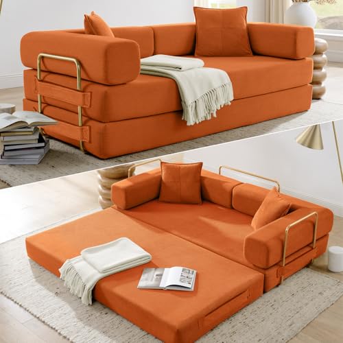 HANXIN Convertible Sleeper Sofa Bed, 78 Inch Folding Floor Mattress Couch with Fixed-Shape Frame, Futon Boneless Couch Lounge Loveseat with Pull Out Bed, No Assembly Required - color: Orange, size: 78" Loveseat Sofa Bed
