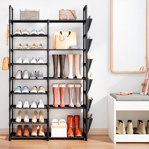 9 Tier Shoe Rack Organizer with Hook and Side Pocket, Holds 25-35 Pairs | Entryway Heavy Duty Shoe Rack, Tall Shoe Boot Storage, Metal Shelf for Storing Handbags, Boxes, Books, Umbrella, Keys, Hats - size: M 9-Tier