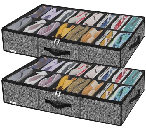 Onlyeasy Sturdy Under Bed Shoe Storage Solution Organizer For Closet Fit 16x2 Pairs, Underbed Shoes Container Bags with Reinforced Handles, Breathable, Linen-like Black, MXAUBS16P2 - color: 2 Shoes (16+16 Cells) Linen-like Black
