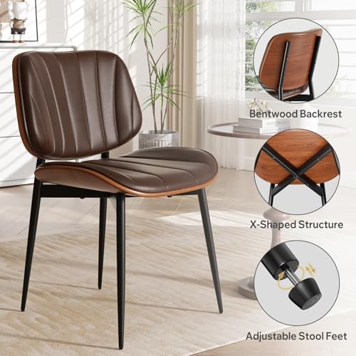 Dining Chairs Set of 2, Mid Century Modern Dining Room Chair, Upholstered Faux Leather Kitchen Chairs with Walnut Bentwood Back and Metal Legs for Kitchen Dining Living Room, Coffee - color: Coffee, size: Set of 2