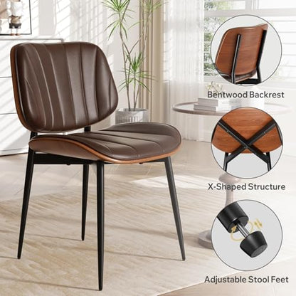 Dining Chairs Set of 2, Mid Century Modern Dining Room Chair, Upholstered Faux Leather Kitchen Chairs with Walnut Bentwood Back and Metal Legs for Kitchen Dining Living Room, Coffee - color: Coffee, size: Set of 2