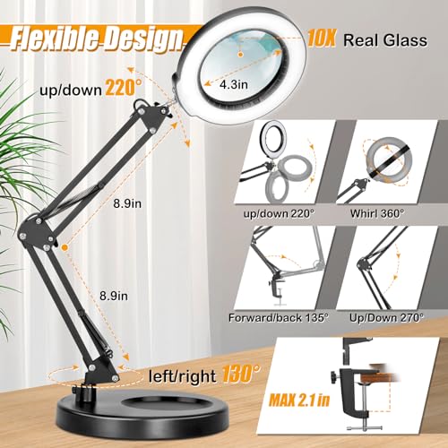 Real Glass 12X Magnifying Glass with Light and Stand (No Acrylic Lens), 2-in-1 Lighted Magnifier with Clamp, 5 Color Modes Dimmable LED Desk Lamp Hands Free for Painting Craft Sewing Hobby Close Work - color: Black