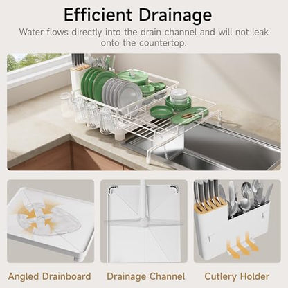 Runnatal Large Dish Drying Rack, Extendable Dish Rack Over Sink | Stainless Steel Dish Strainer with Drainboard, Utensil Holder & Cup Holder for Kitchen Counter, White - color: White