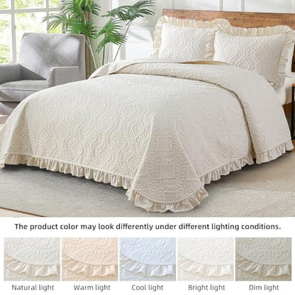 DJY Quilt King Size Bedding Sets, Beige Ruffled Bedspread Coverlet | Lightweight Summer Soft Microfiber Bedspread, Bedding Coverlet for All Seasons (1 Quilt, 2 Pillow Shams) - color: Beige, size: King