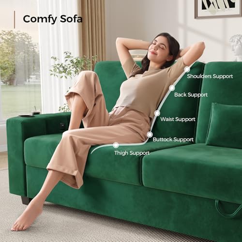 COPIAE Loveseat Sofa, Larger Couch Velvet Fabric with Storage, Charging Ports, Heightened Backrests, Removable Cover Modern Comfy Couches Easy Assembly for Living Room, 88 Inch Green - color: Green