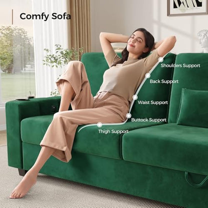 COPIAE Loveseat Sofa, Larger Couch Velvet Fabric with Storage, Charging Ports, Heightened Backrests, Removable Cover Modern Comfy Couches Easy Assembly for Living Room, 88 Inch Green - color: Green