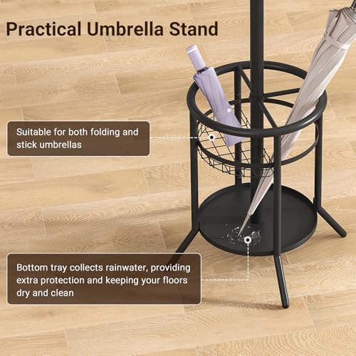 ELYKEN Coat Rack Freestanding, Metal Coat Rack with Umbrella Holder | 12 Hooks, Round Base, Heavy Duty Floor Standing Coat Tree for Entryway, Hallway, Living Room, Bedroom, Office, Black - color: Black