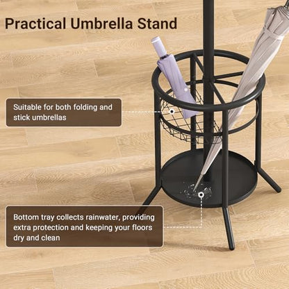 ELYKEN Coat Rack Freestanding, Metal Coat Rack with Umbrella Holder | 12 Hooks, Round Base, Heavy Duty Floor Standing Coat Tree for Entryway, Hallway, Living Room, Bedroom, Office, Black - color: Black