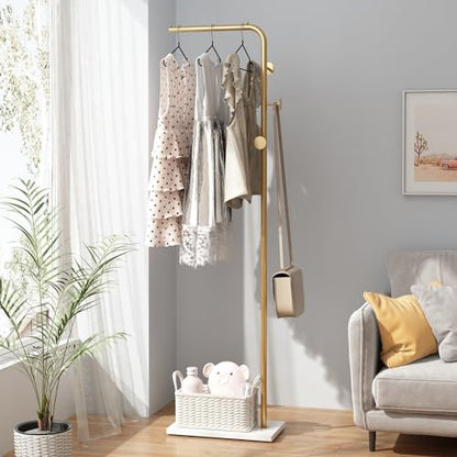 TIEOU Gold Coat Racks, Metal Coat Racks Freestanding with Crossbar and 3 Hooks, Modern Coat Hanger with Marble Base, L Shaped Coat Stand for Entryway, Bedroom, Living Room, Office - color: Coat-L-gold
