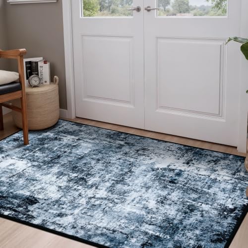 Rugflix 3x4 Entrance Rugs, Washable Navy Blue Dark Entry Small Rug | Machine Washable; Stain-Resistant; Low Pile; Non-Slip; Modern Abstract; Black Carpet for Entryway Kitchen Hallway Home - color: 01-ocean Blue, size: 3' x 4' (Rectangular)