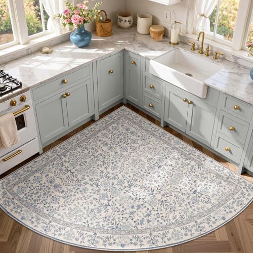 jinchan 6x6 Washable Corner Area Rug, Soft Floral Non-Slip, Blue/Cream | Low-Pile, Aesthetic Carpet for Entryway Bedroom Kids Room Kitchen College Dorm - color: Blue/Cream, size: 6' x 6' (Corner)