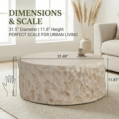 31.5'' Round Faux Stone Coffee Table, MgO Concrete Drum Center Table, Modern Minimalist Beige Coffee Table for Living Room, Apartment, Office, No Assembly, Beige - color: 31.5'' Round Beige