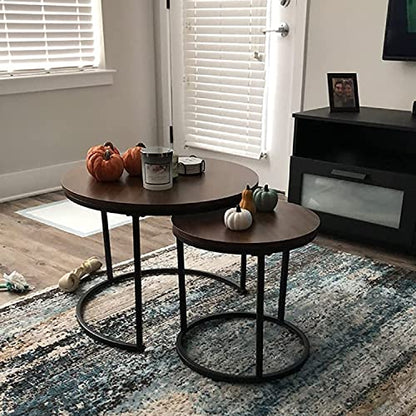 aboxoo Coffee Table Nesting Side Round Set of 2 End Table Top Sturdy Metal Frame Desk Centerpiece Living Room Bedroom Apartment Modern Industrial Simple Nightstand - color: Black Brown