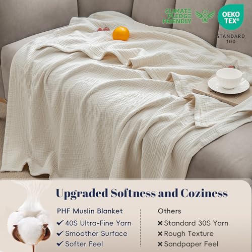 PHF 100% Cotton Muslin Throw Blanket 50" x 60", 4-Layer Lightweight and Breathable Blanket, Luxuriously Soft Gauze Throws for Couch Bed Sofa, Ideal Gift Choice, Oat Milk (Pack of 2) - color: Oat Milk, size: Throw(50"X60") (Pack of 2)