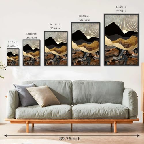 Black Framed Abstract Gold Mountain Sun Retro Poster�� Canvas Print Art�� Modern Minimalist Aesthetic Wall Art Painting Pictures Wall Decor�� Elegant Home Decor�� Living Room (Black frame,12''LX18''W) - size: 12''LX18''W