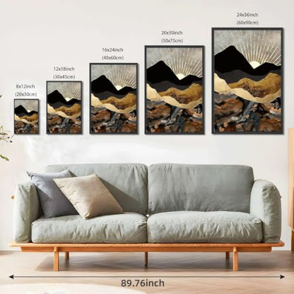 Black Framed Abstract Gold Mountain Sun Retro Poster�� Canvas Print Art�� Modern Minimalist Aesthetic Wall Art Painting Pictures Wall Decor�� Elegant Home Decor�� Living Room (Black frame,12''LX18''W) - size: 12''LX18''W