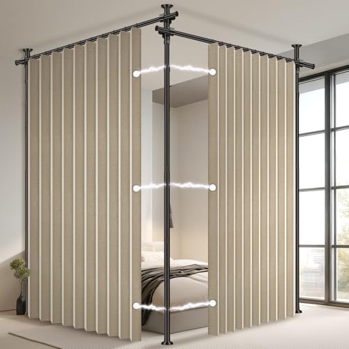 100% Blackout Room Divider Curtains Sets Beige 2 Panels W100 x L84in No Drill Curtain Rods(H) 43-120×(W) 35-200 in for Studio Apartment Dorm Office - color: Beige, size: 100"W x 84"L (Pack of 2)