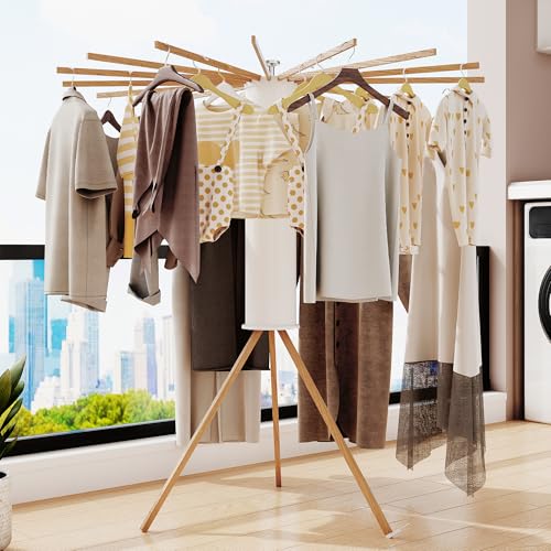 LIENAHU Clothes Drying Rack Tripod,Drying Rack Clothing,Laundry Drying Rack,Floor Standing,16 Wooden Poles,Collapsible Drying Racks for Laundry,Retractable,Foldable,Folding - style: 16 Wooden poles