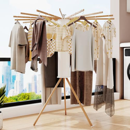LIENAHU Clothes Drying Rack Tripod,Drying Rack Clothing,Laundry Drying Rack,Floor Standing,16 Wooden Poles,Collapsible Drying Racks for Laundry,Retractable,Foldable,Folding - style: 16 Wooden poles