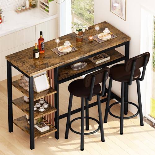 Recaceik 47" Bar Dining Table Set for 2, 3 Piece Bar Table and Chairs Set, Kitchen Counter Height Dining Table Set, Small Kitchen Bar Table with Storage & 2 Stools, Breakfast Nook Set for Small Space - size: 47 inches