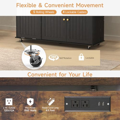 60" Kitchen Island with Power Outlet & Drop Leaf, Rolling Island with Spice Rack & Towel Rack, Kitchen Island Cart with Trash Storage Cabinet, Island Table for Kitchen, Black+Rustic Brown - color: Black+rustic Brown