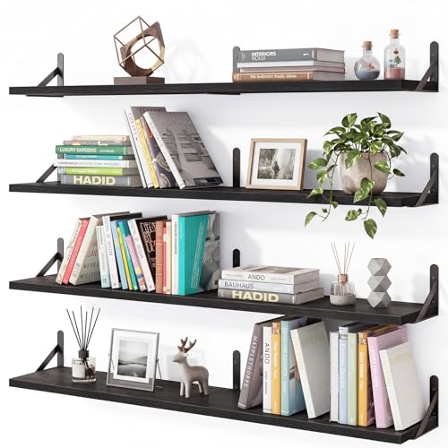 YGEOMER 35.4in Floating Shelves for Wall Home Decor, Black Set of 4 | 35.4-inch wood shelves with metal brackets. Space-saving for books & decor. Fits bathroom, kitchen, living room & bedroom. - color: Black, size: 35inch Standard