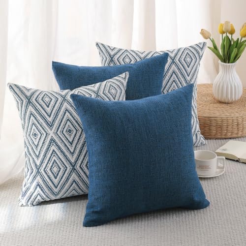 HPUK Throw Pillow Covers 18x18, Set of 4, Navy Blue Couch Pillow Covers | Polyester fabric, patterned and solid designs, hidden zippers, machine washable, for sofas and beds, inserts not included - color: Navy, size: 18" x 18" (Pack of 4)