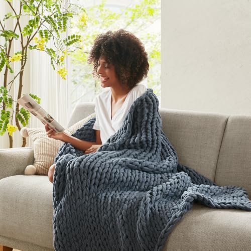 Madison Park Chunky Double Knit All Season Throw Blanket, 50 x 60, Indigo | Ultra Soft, Acrylic, Cozy Warmth for Sofa or Bed, Boho, OEKO-TEX Certified - color: Indigo