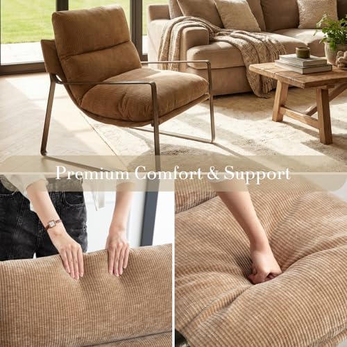 1-Pack Modern Accent Chair, Linen Living Room Chair, Khaki | Comfy Armchairs, Upholstered Lounge Armchair, Removable Seat Cushion, Bronze Metal Frame, For Reading Room, Bedroom, Balcony - color: Khaki-bronze Legs, size: 1PC
