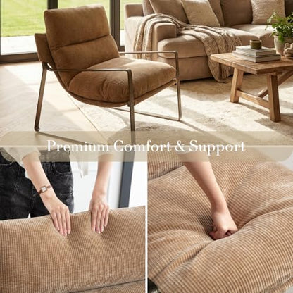 1-Pack Modern Accent Chair, Linen Living Room Chair, Khaki | Comfy Armchairs, Upholstered Lounge Armchair, Removable Seat Cushion, Bronze Metal Frame, For Reading Room, Bedroom, Balcony - color: Khaki-bronze Legs, size: 1PC
