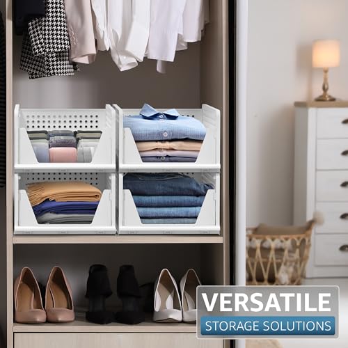 Sorbus 4 Pack Medium Shelf Organizer with Open Front Design Under Shelf for Closet Bathroom Kitchen Garage Plastic Stackable Storage Baskets - size: 4 Medium