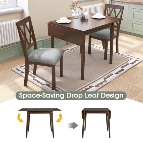 3Pcs Dining Set with Drop Leaf Dining Table and 2 X-Back Chairs, Solid Wood Kitchen Table Set for Small Place, Brown+Grey - color: Brown+grey